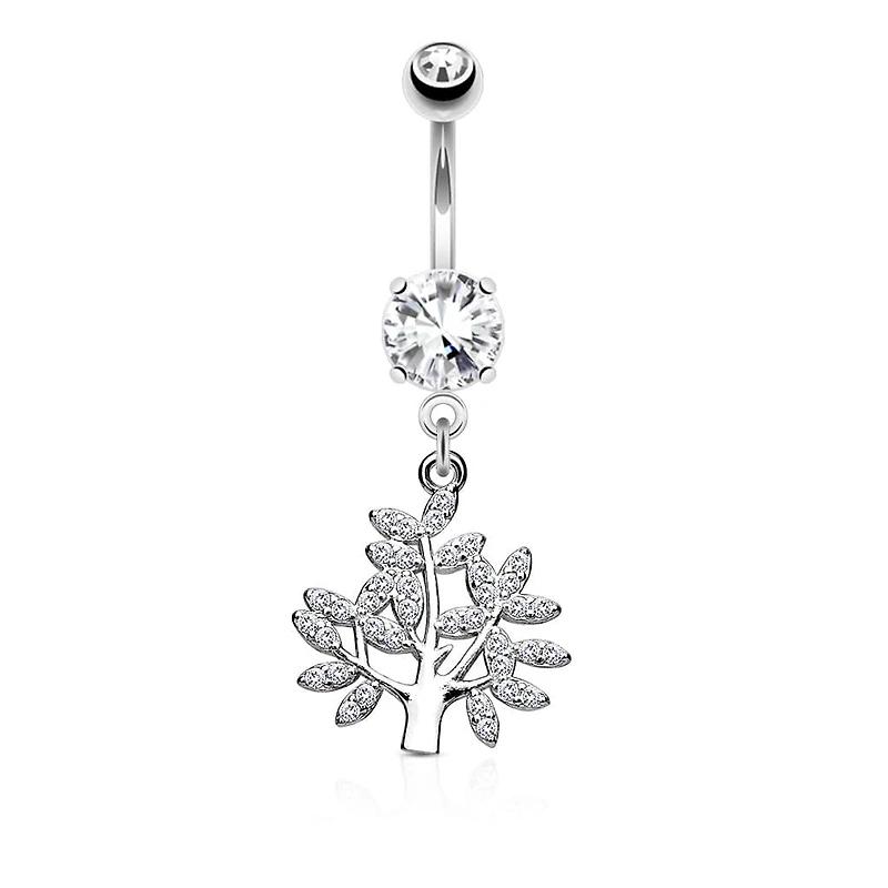 316L Surgical Steel Tree Of Life White CZ Dangle Belly Ring