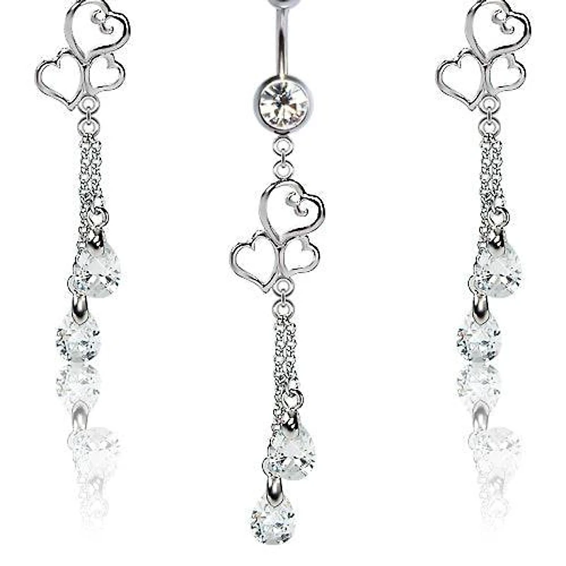 316L Surgical Steel Triple Heart Diamond CZ Dangle Belly Ring