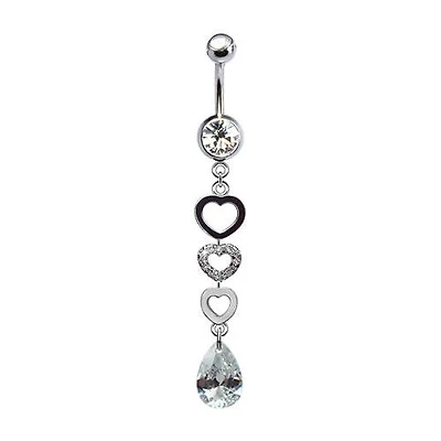 316L Surgical Steel Triple Heart with Teardrop CZ Dangle Belly Ring
