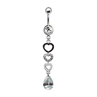 316L Surgical Steel Triple Heart with Teardrop CZ Dangle Belly Ring