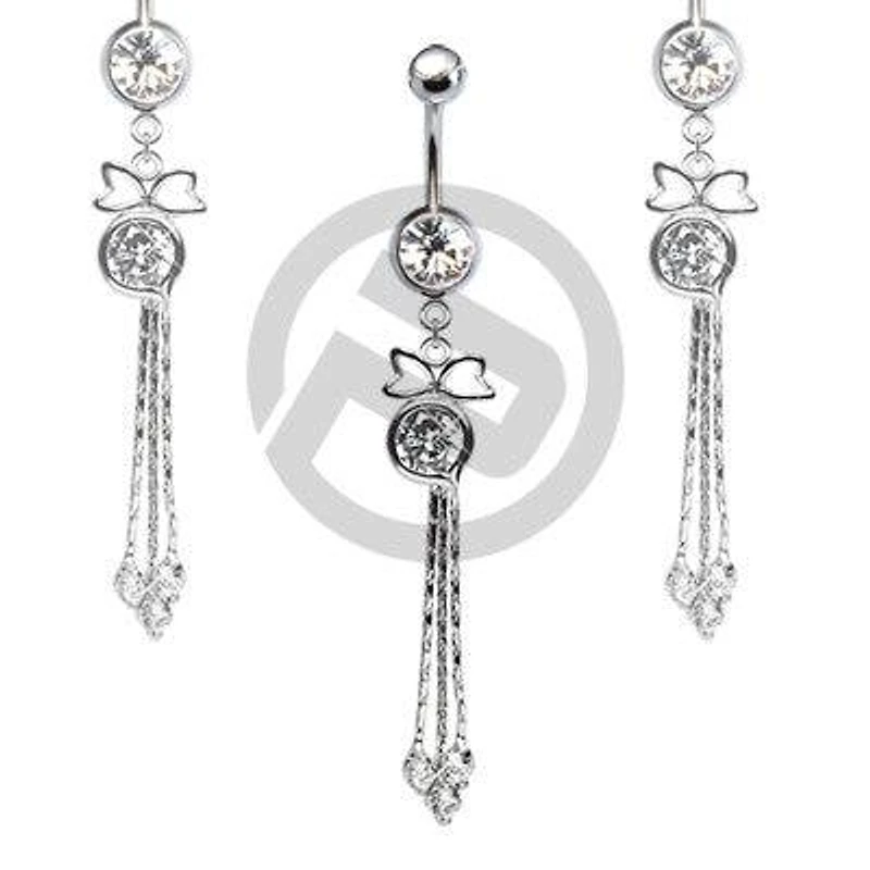 316L Surgical Steel White CZ Bow Ribbon Gem Chain Dangle Belly Ring