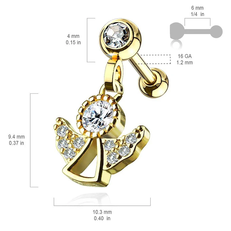 316L Surgical Steel White CZ Dangling Angel Cartilage Ring