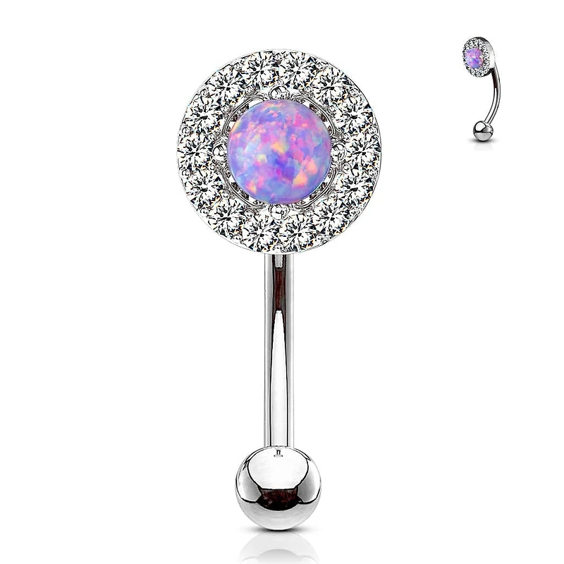 316L Surgical Steel White CZ Gem Cluster & Purple Opal Curved Barbell