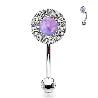 316L Surgical Steel White CZ Gem Cluster & Purple Opal Curved Barbell