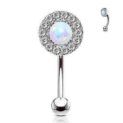 316L Surgical Steel White CZ Gem Cluster & White Opal Curved Barbell