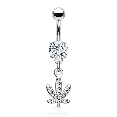 316L Surgical Steel CZ Weed Leaf Dangle Belly Ring