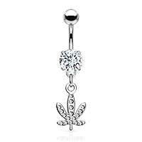316L Surgical Steel CZ Weed Leaf Dangle Belly Ring
