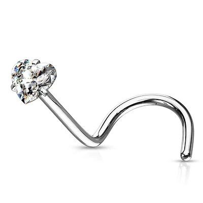 316L Surgical Steel White Heart CZ Corkscrew Nose Pin Ring
