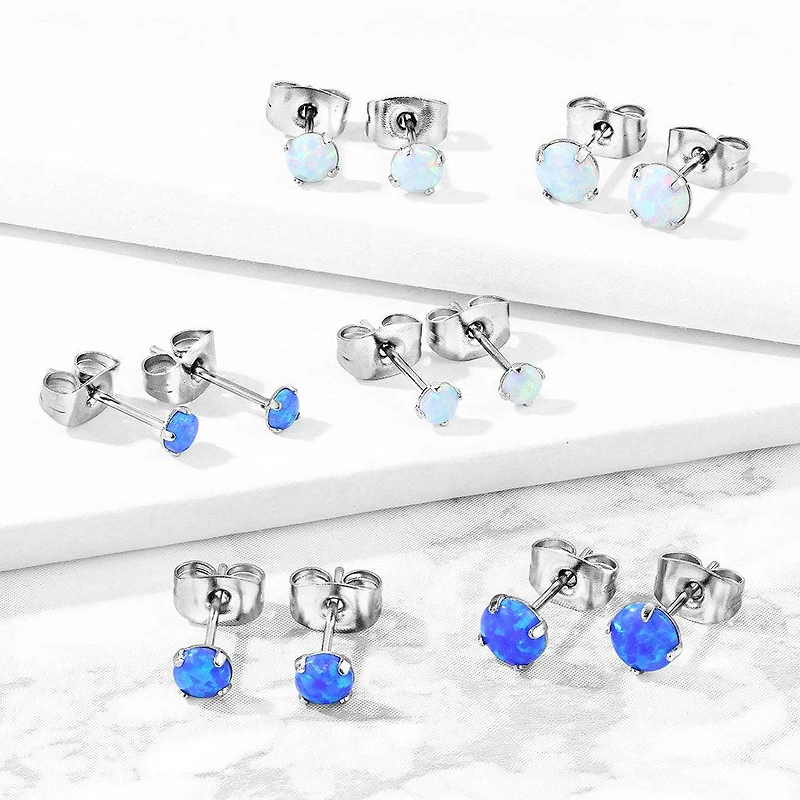 Pair of 316L Surgical Steel White Opal Earrings Studs