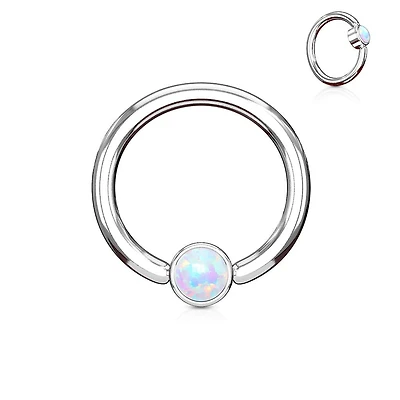 316L Surgical Steel White Opal Flat Disk Captive Bead Ring Hoop Ring