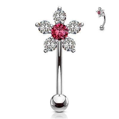 316L Surgical Steel White & Pink Flower Curved Barbell