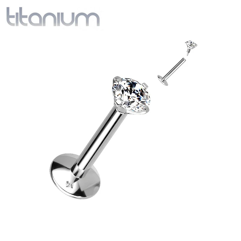 Implant Grade Titanium White CZ Gem Internally Threaded Concave Flat Back Labret