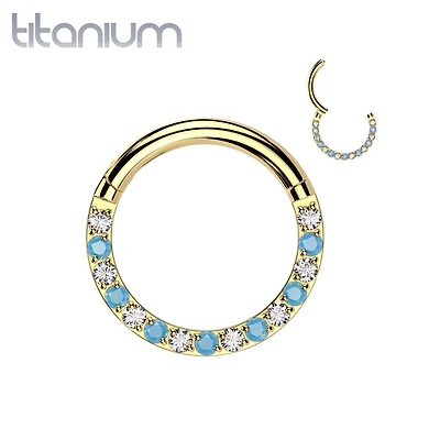 Implant Grade Titanium Gold PVD Aqua White CZ Pave Hinged Clicker Hoop