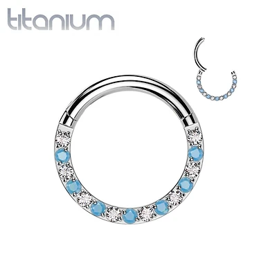 Implant Grade Titanium Aqua White CZ Pave Hinged Clicker Hoop