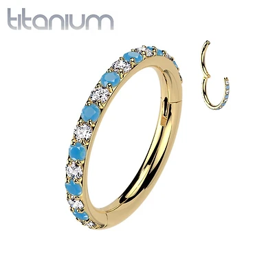 Implant Grade Titanium Gold PVD Aqua White CZ Pave Hinged Helix Clicker Hoop