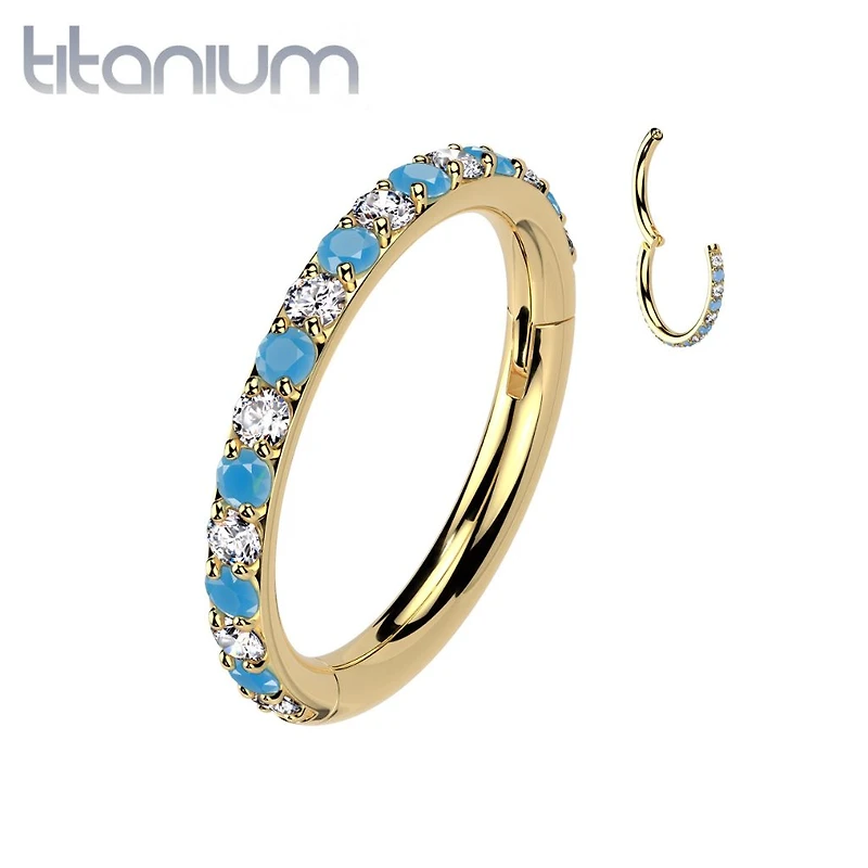 Implant Grade Titanium Gold PVD Aqua White CZ Pave Hinged Helix Clicker Hoop
