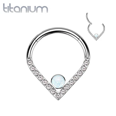 Implant Grade Titanium V Chevron with Single Opal Gem Hinged Clicker Hoop