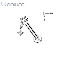 Implant Grade Titanium White CZ Square Gem Dangly Threadless Push In Labret