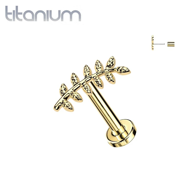 Implant Grade Titanium Gold PVD Curved Textured Leaf Push In Threadless Labret With Flat Back