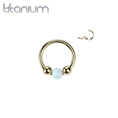 Implant Grade Titanium Gold PVD White Opal Ball Hinged Clicker Hoop