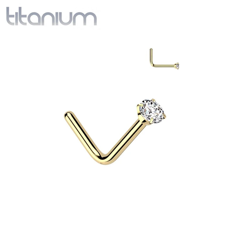 Implant Grade Titanium Gold PVD White CZ L Shape Nose Stud