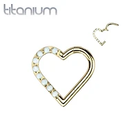 Implant Grade Titanium Gold PVD White Opal Heart Hinged Daith Clicker Hoop