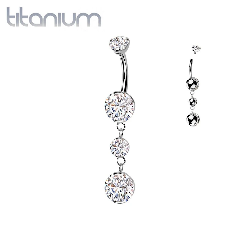 Implant Grade Titanium White CZ Internally Threaded Multi Gem Dangle Belly Ring