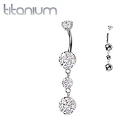 Implant Grade Titanium White CZ Internally Threaded Multi Gem Dangle Belly Ring