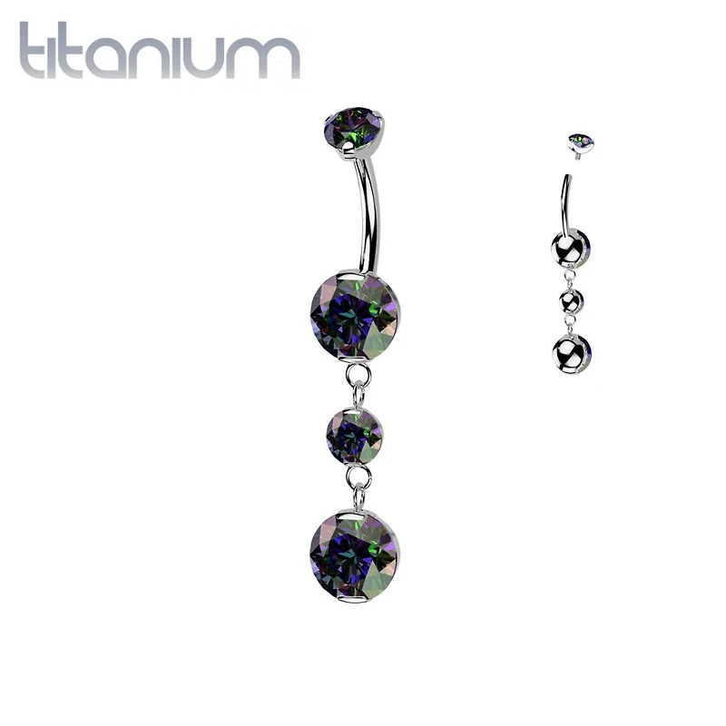 Implant Grade Titanium Vitrail Medium CZ Internally Threaded Multi Gem Dangle Belly Ring
