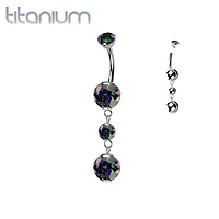 Implant Grade Titanium Vitrail Medium CZ Internally Threaded Multi Gem Dangle Belly Ring