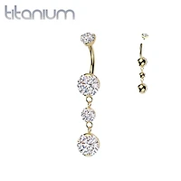 Implant Grade Titanium Gold PVD White CZ Internally Threaded Multi Gem Dangle Belly Ring