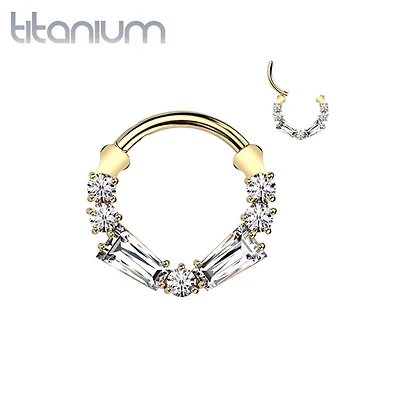 Implant Grade Titanium Gold PVD White CZ Baguette Gem Hinged Clicker Hoop