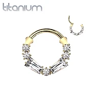 Implant Grade Titanium Gold PVD White CZ Baguette Gem Hinged Clicker Hoop