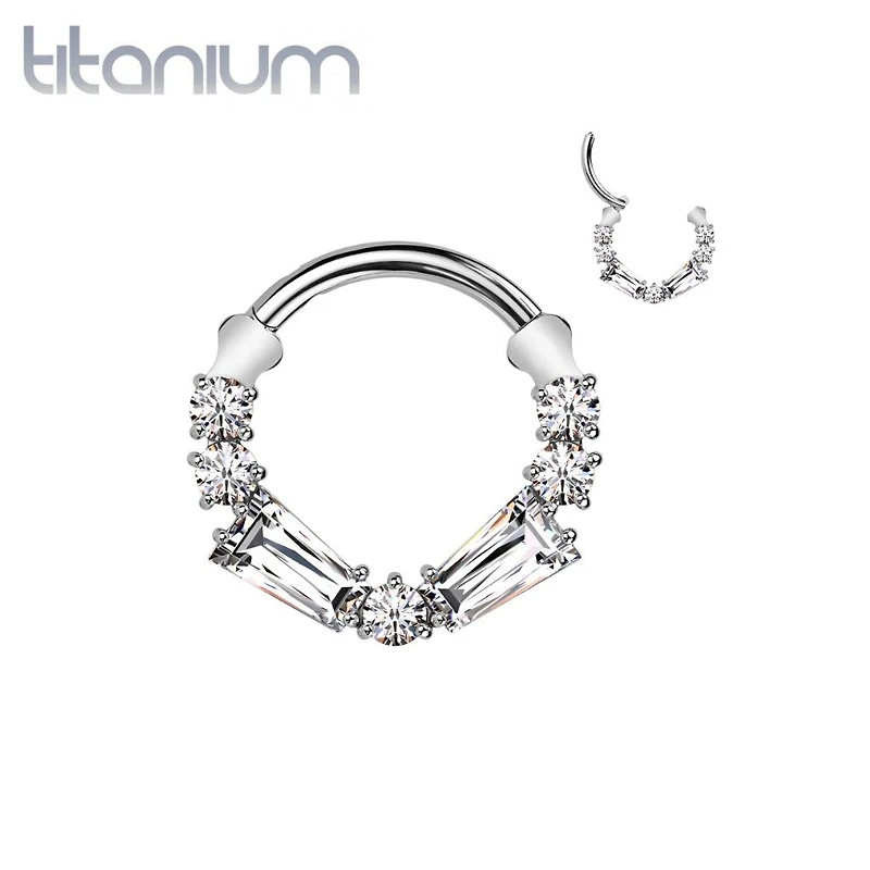 Implant Grade Titanium White CZ Baguette Gem Hinged Clicker Hoop