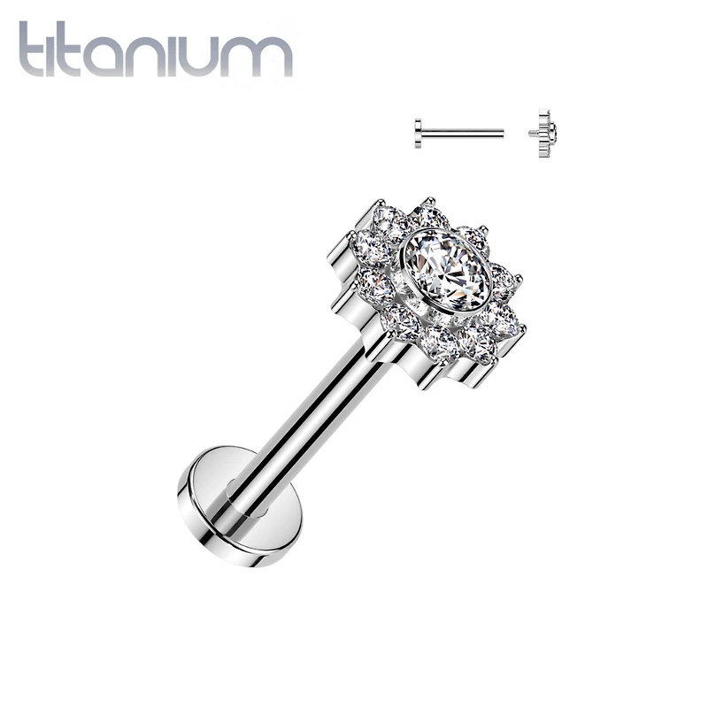Implant Grade Titanium White CZ Flower Internally Threaded Flat Back Labret
