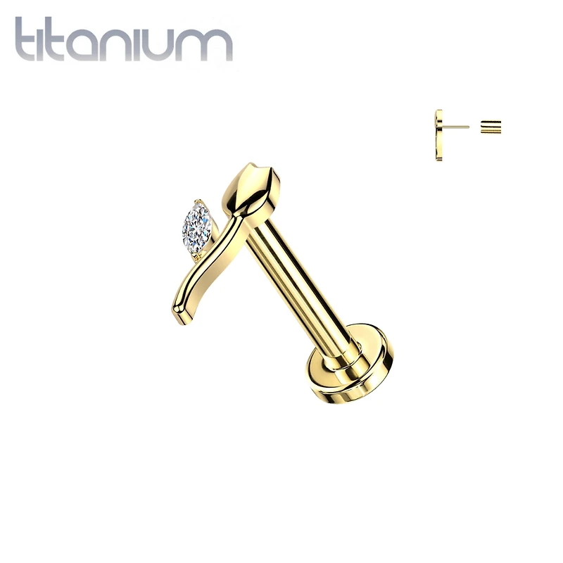 Implant Grade Titanium Gold PVD White CZ Tulip Flower Push In Threadless Labret With Flat Back