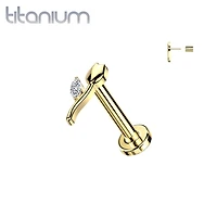 Implant Grade Titanium Gold PVD White CZ Tulip Flower Push In Threadless Labret With Flat Back