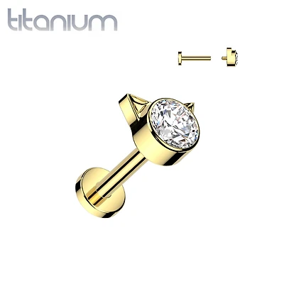 Implant Grade Titanium Gold PVD White CZ Cat Internally Threaded Flat Back Labret