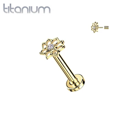 Implant Grade Titanium Gold PVD White CZ Lotus Flower Push In Threadless Labret With Flat Back