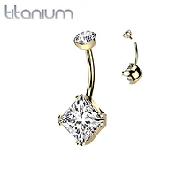 Implant Grade Titanium Gold PVD White CZ Simple Square Gem Belly Ring