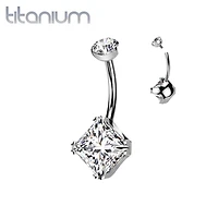 Implant Grade Titanium White CZ Simple Square Gem Belly Ring