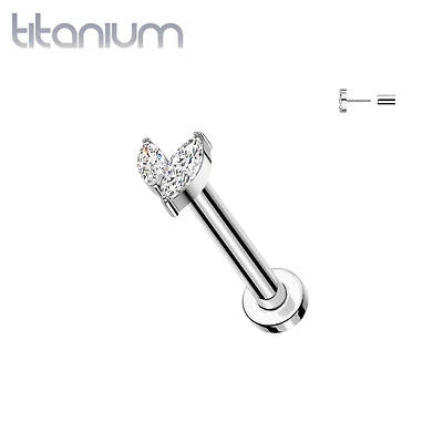 Implant Grade Titanium White CZ Leaf Marquise Gem Push In Threadless Labret With Flat Back
