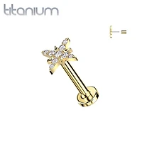 Implant Grade Titanium Gold PVD White CZ Large Starburst Push In Threadless Labret With Flat Back