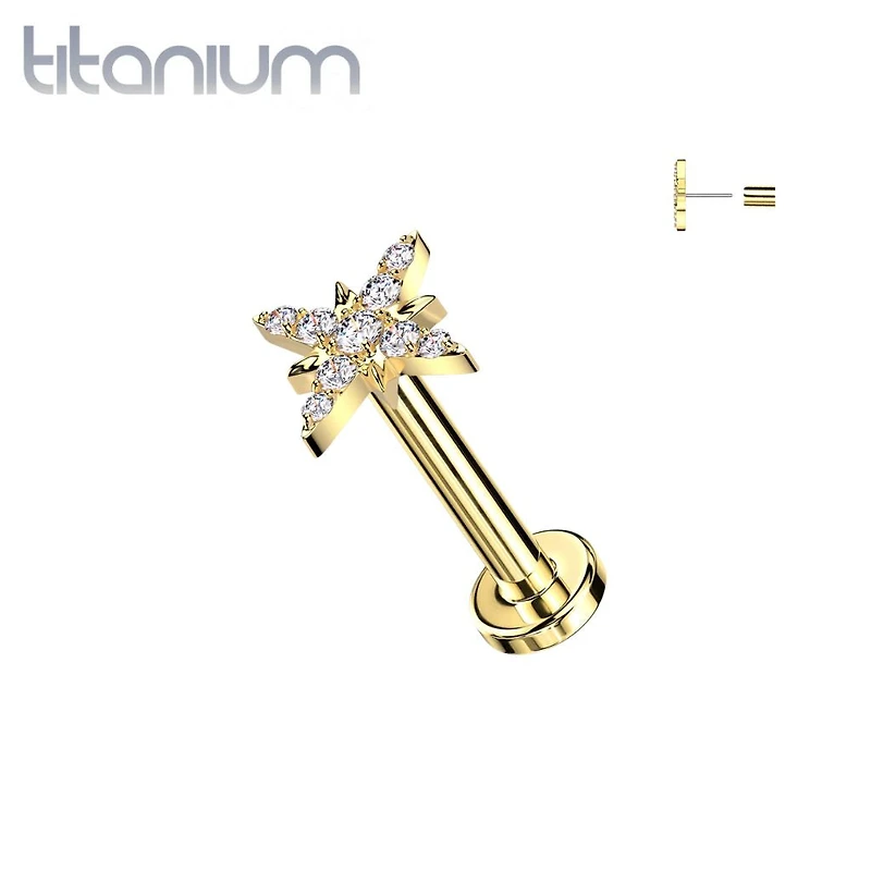 Implant Grade Titanium Gold PVD White CZ Large Starburst Push In Threadless Labret With Flat Back