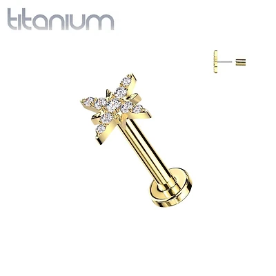 Implant Grade Titanium Gold PVD White CZ Large Starburst Push In Threadless Labret With Flat Back