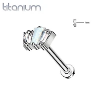 Implant Grade Titanium Triple Baguette White CZ Opal Threadless Push In Labret