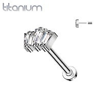 Implant Grade Titanium Triple Baguette White CZ Gem Threadless Push In Labret