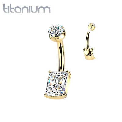 Implant Grade Titanium Gold PVD White CZ Rectangle Clawed Internally Threaded Belly Ring