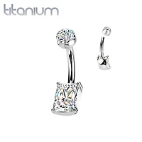 Implant Grade Titanium White CZ Rectangle Clawed Internally Threaded Belly Ring