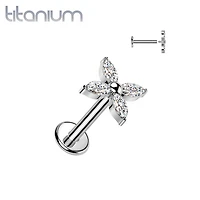 Implant Grade Titanium White CZ Large Four Petal Flower Internally Threaded Flat Back Labret